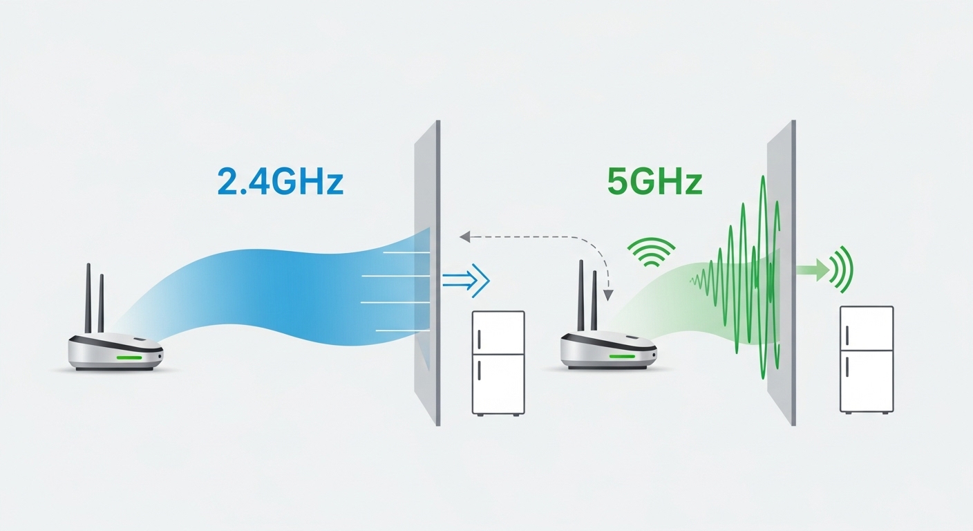 A diagram comparing the 2.4GHz WiFi band, which has longer range, with the 5GHz band, which has faster speeds but shorter range, relevant for smart appliance connectivity.