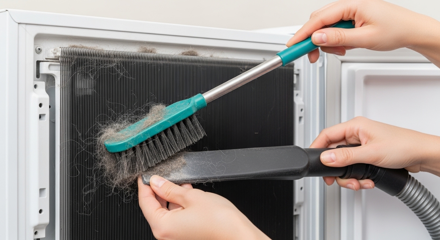 Person cleaning refrigerator condenser coils with a vacuum brush