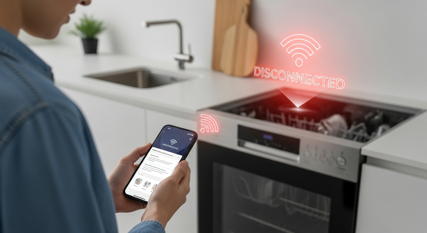 A frustrated person looks at a smartphone showing a 'disconnected' error for a smart appliance in the background.