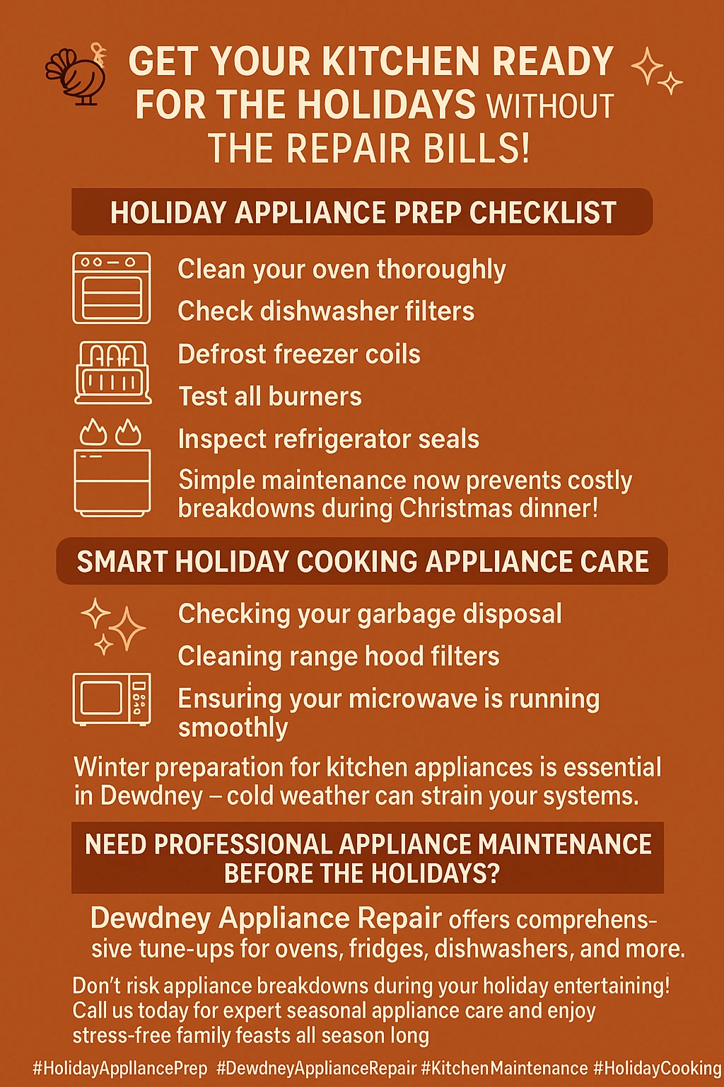 Infographic showing key holiday appliance maintenance tips
