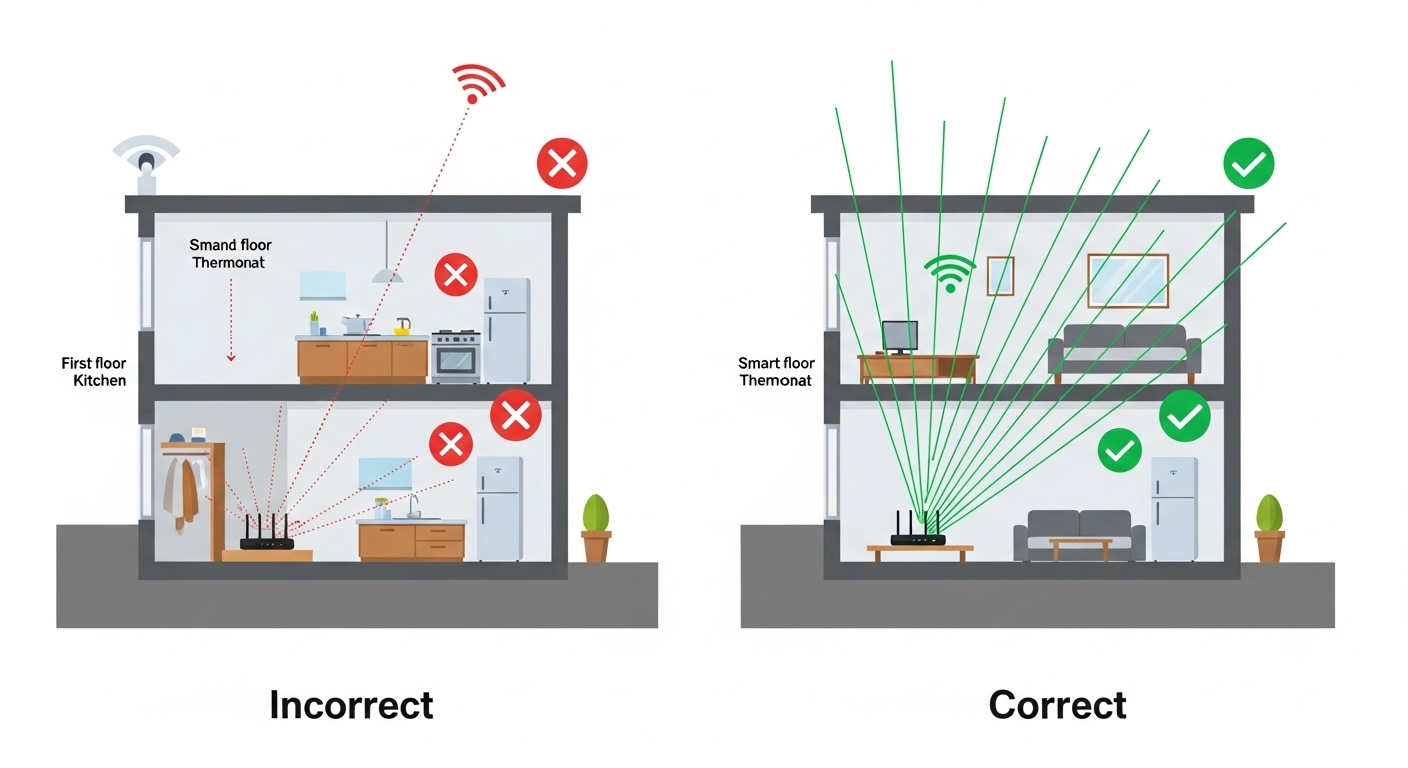 An illustration showing the optimal central placement for a WiFi router within a home to ensure maximum coverage for all smart devices.