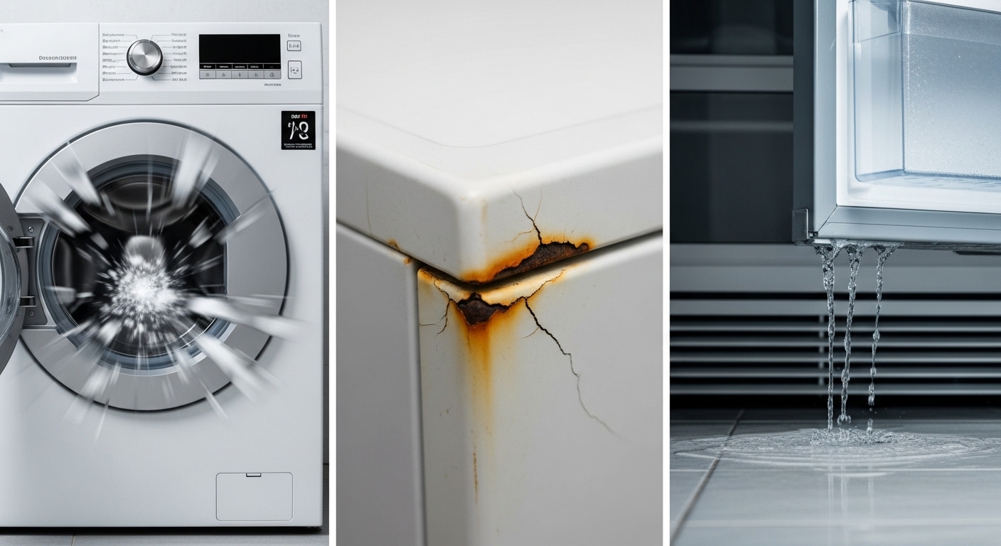 A graphic listing common appliance failure warning signs such as excessive noise, water leaks, and rust