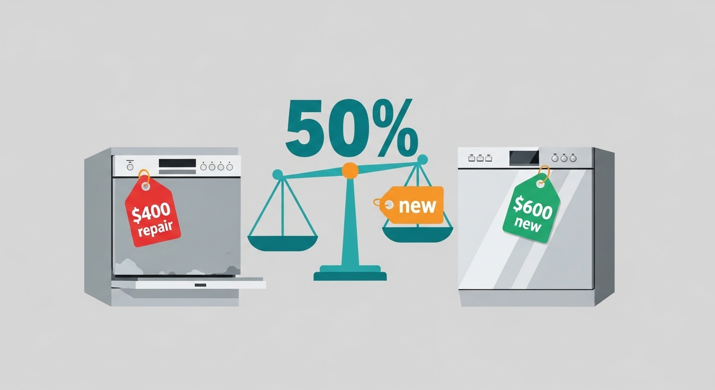 Graphic explaining the 50 percent rule for appliance repair versus replacement.