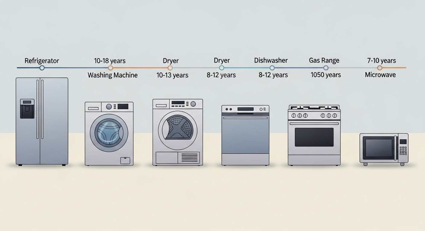 A chart displaying the average lifespan for various home appliances like refrigerators, washers, and dryers
