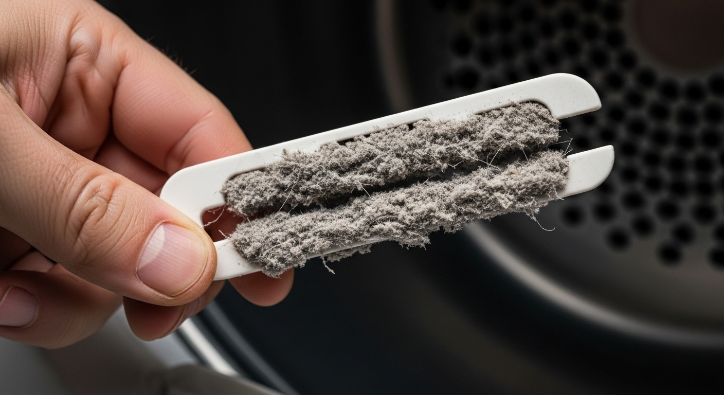 A hand holding a heavily clogged dryer lint trap representing a fire hazard