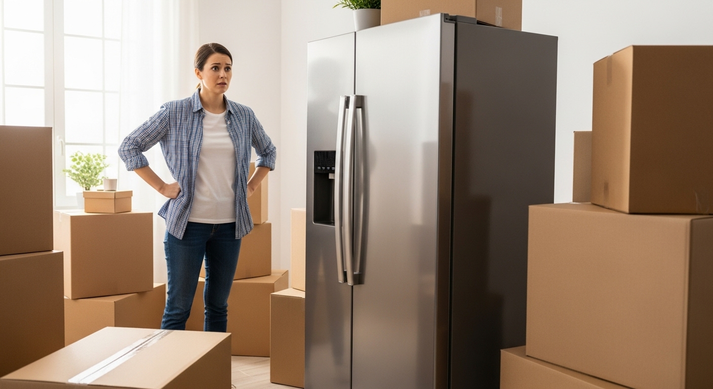 Two people struggling to move a refrigerator down stairs, highlighting the challenge of DIY appliance moving.