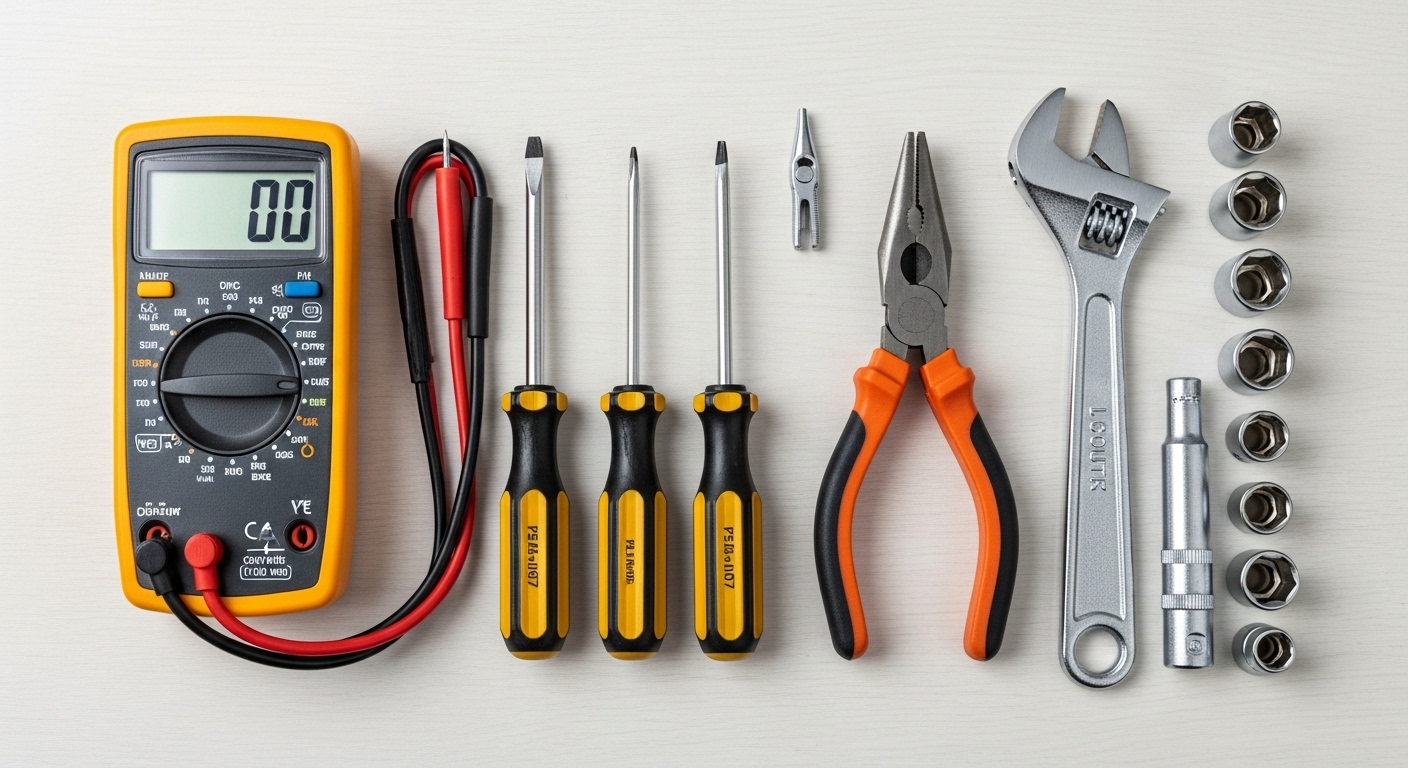 An essential tool kit for emergency appliance repairs laid out on a surface, including a multimeter, screwdrivers, and pliers.