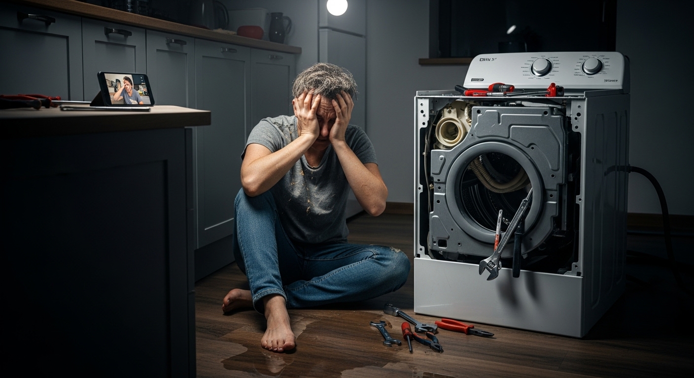 Frustrated homeowner looking at a broken washing machine.