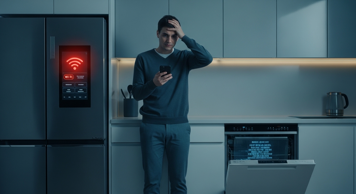 Frustrated homeowner dealing with multiple malfunctioning smart appliances in a modern kitchen.