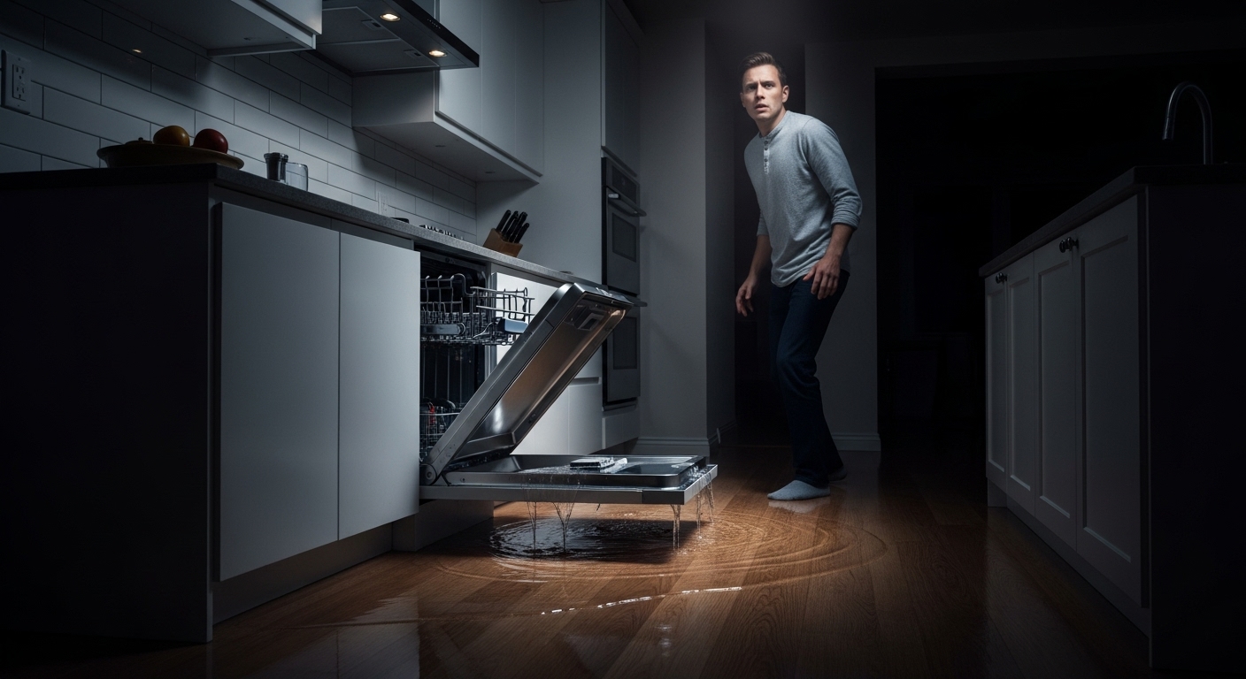 A homeowner looks stressed while facing a flooding dishwasher emergency in their kitchen.