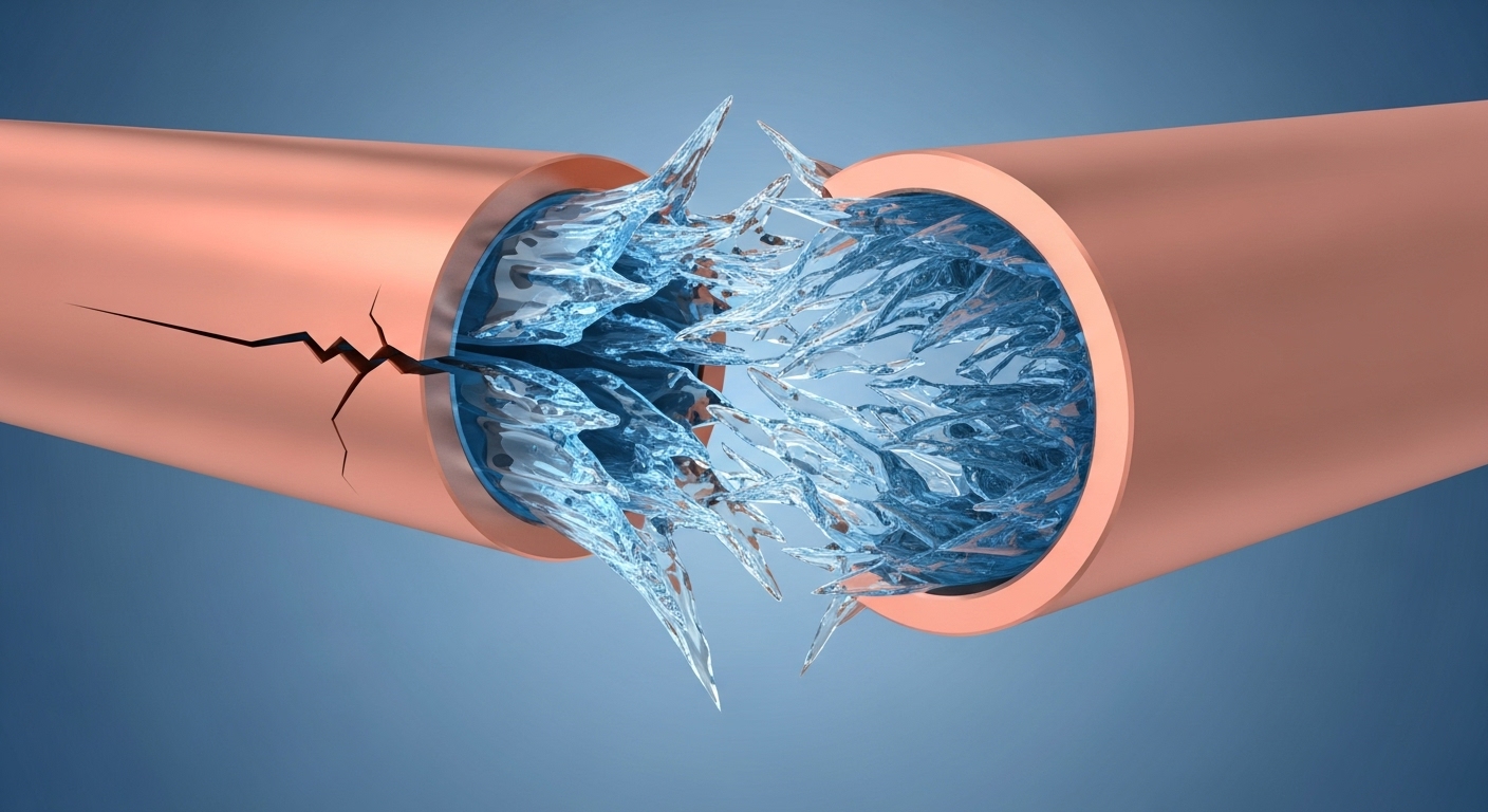 Close-up of ice expanding and cracking a plastic pipe.