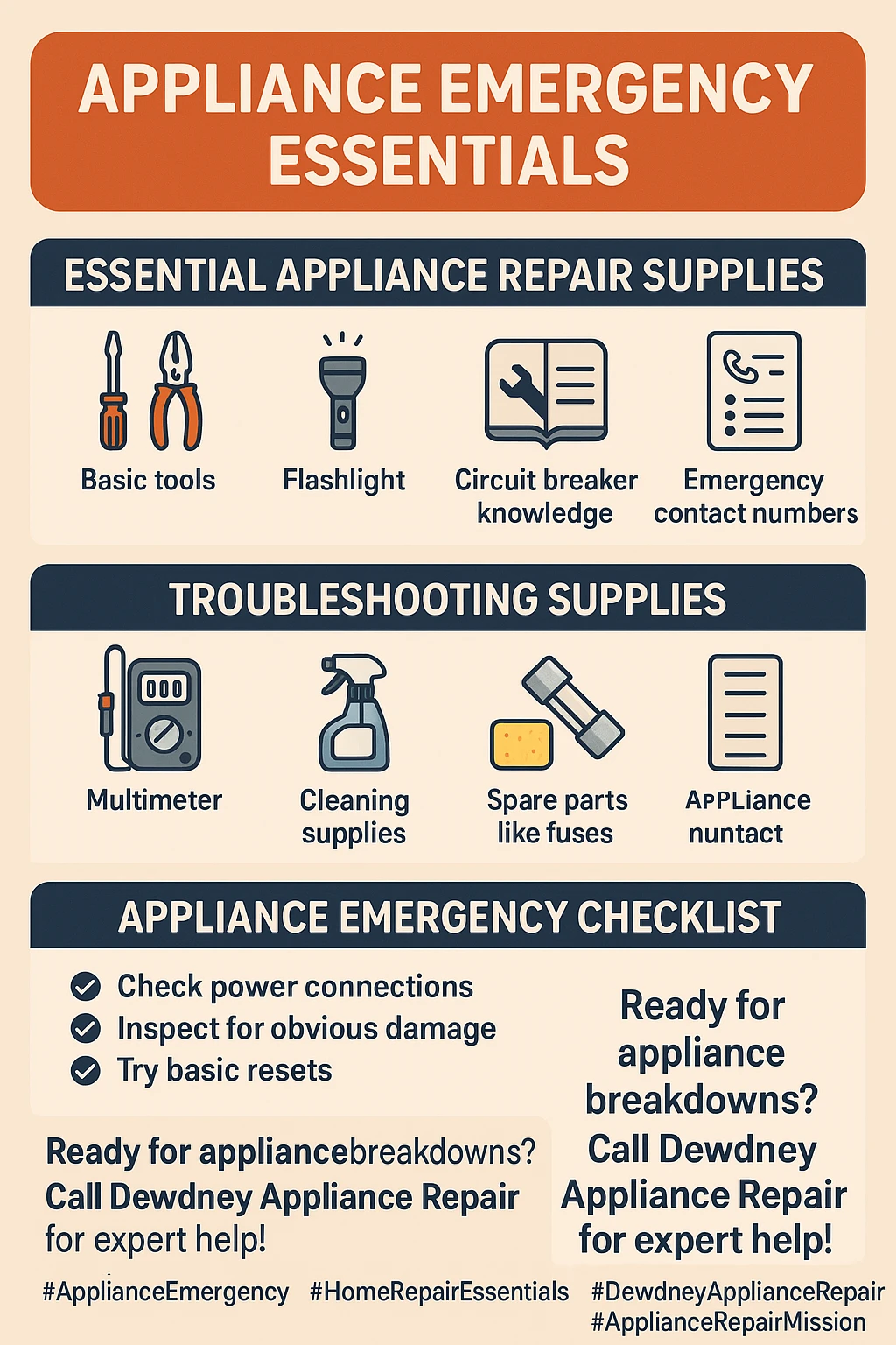 Infographic summarizing the contents of an appliance emergency kit for homeowners.