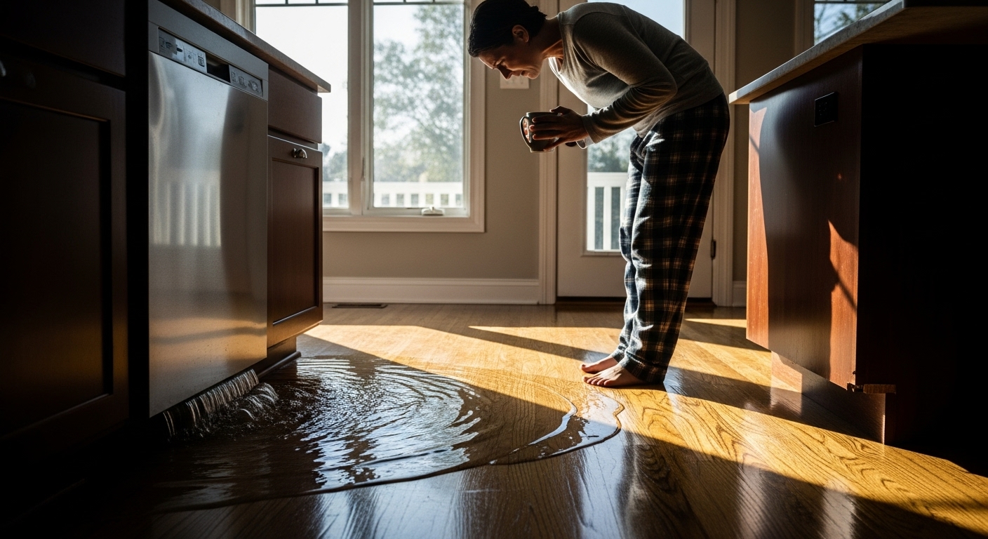 Water leaking from a dishwasher onto a kitchen floor