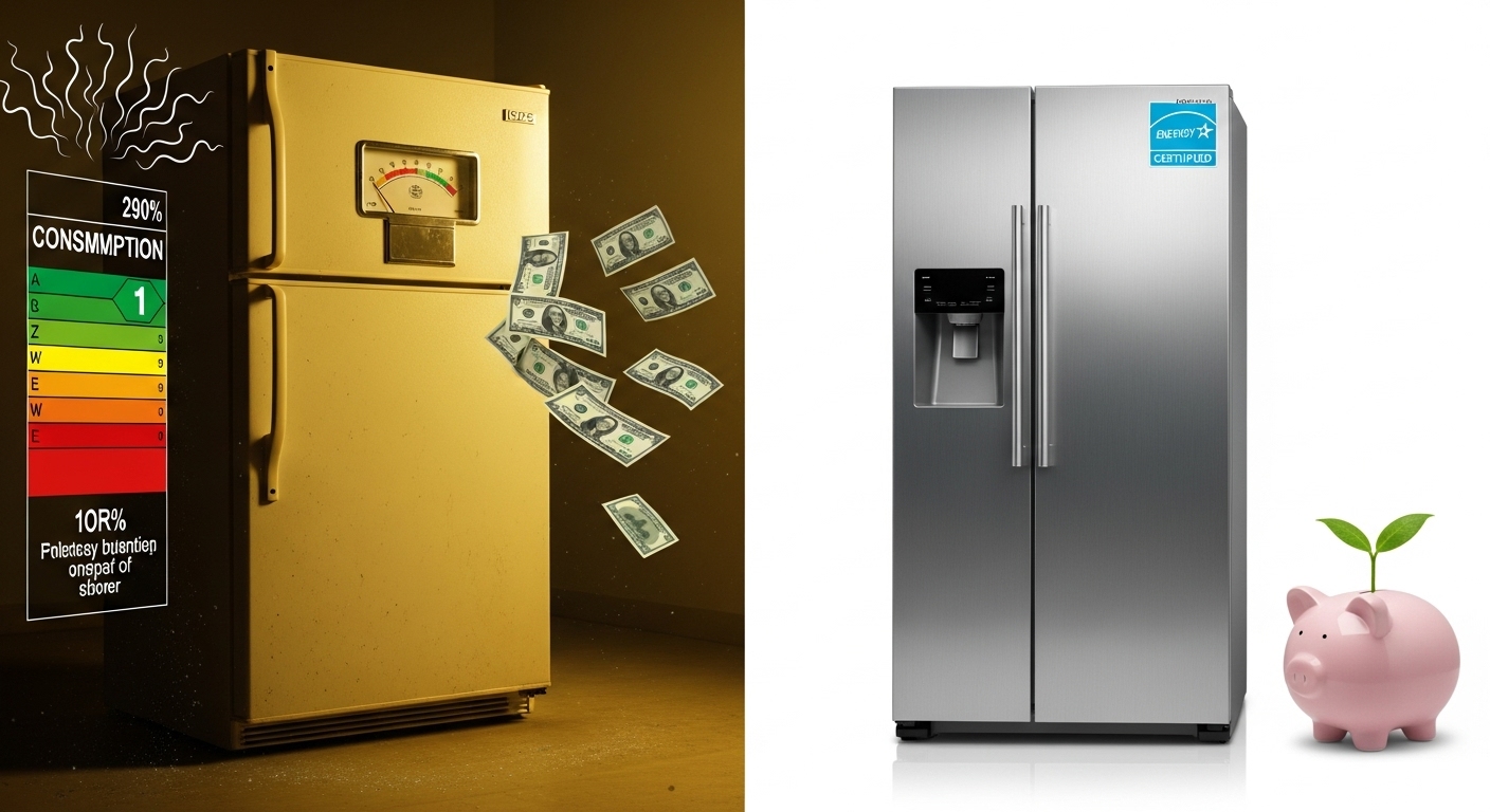 Comparison graphic showing energy savings of a new refrigerator versus an old one.