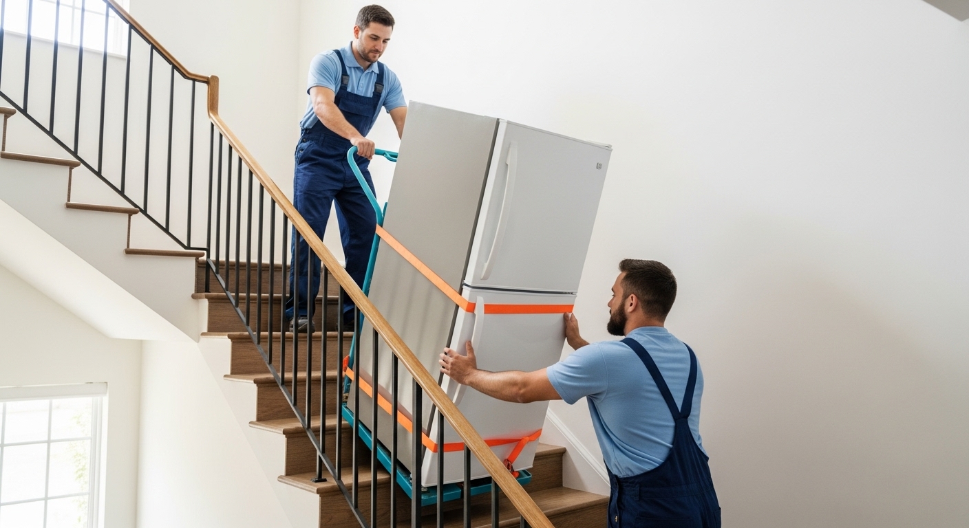 Professional mover demonstrating the safe technique for transporting a refrigerator with a dolly.
