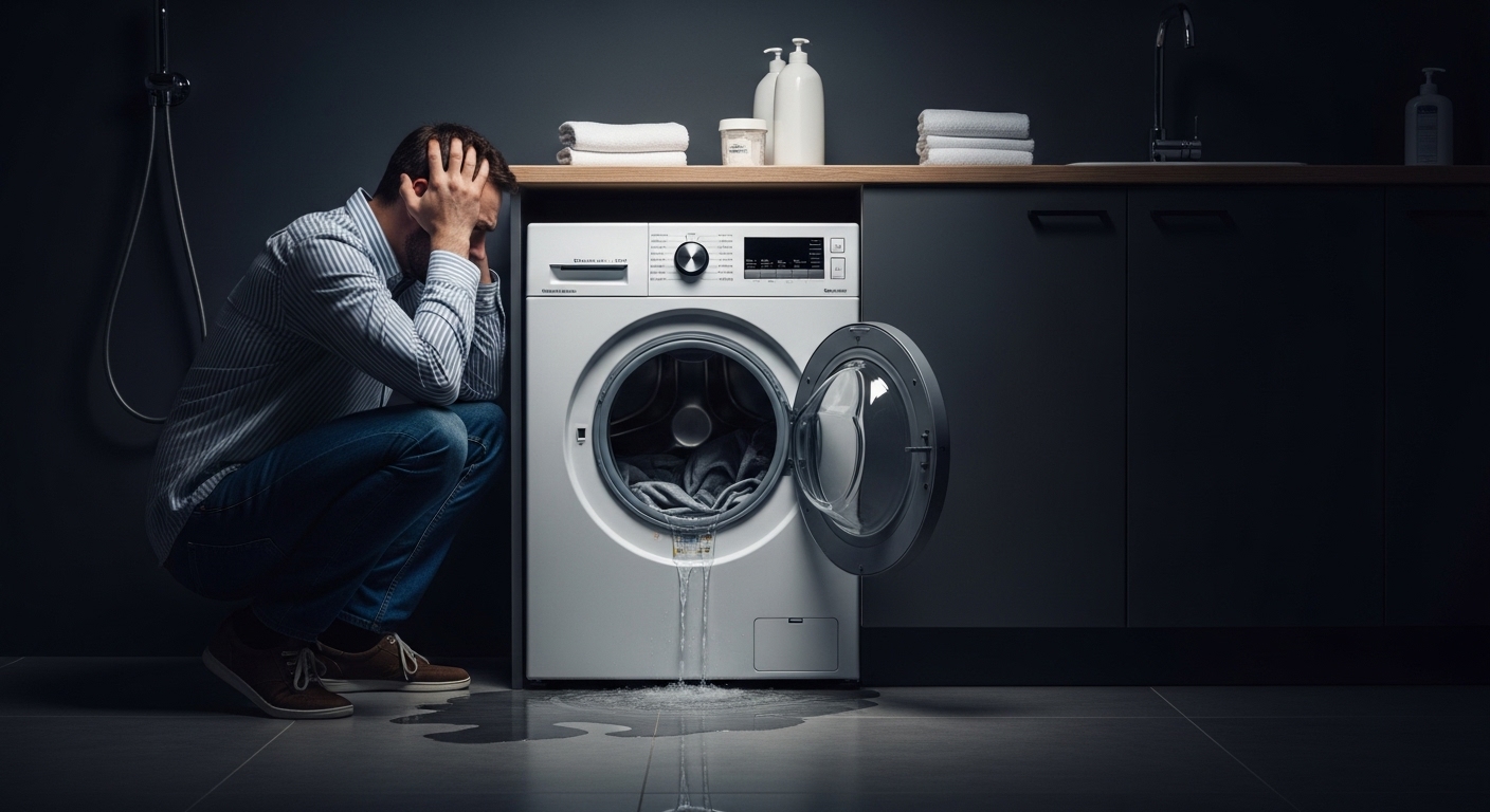 Stressed homeowner looking at a broken appliance