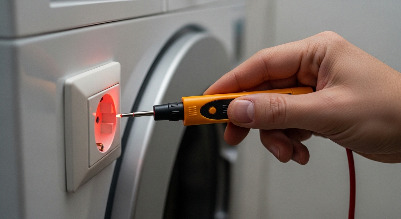 A person using a non-contact voltage tester to check for live electricity in a wall outlet for appliance safety.