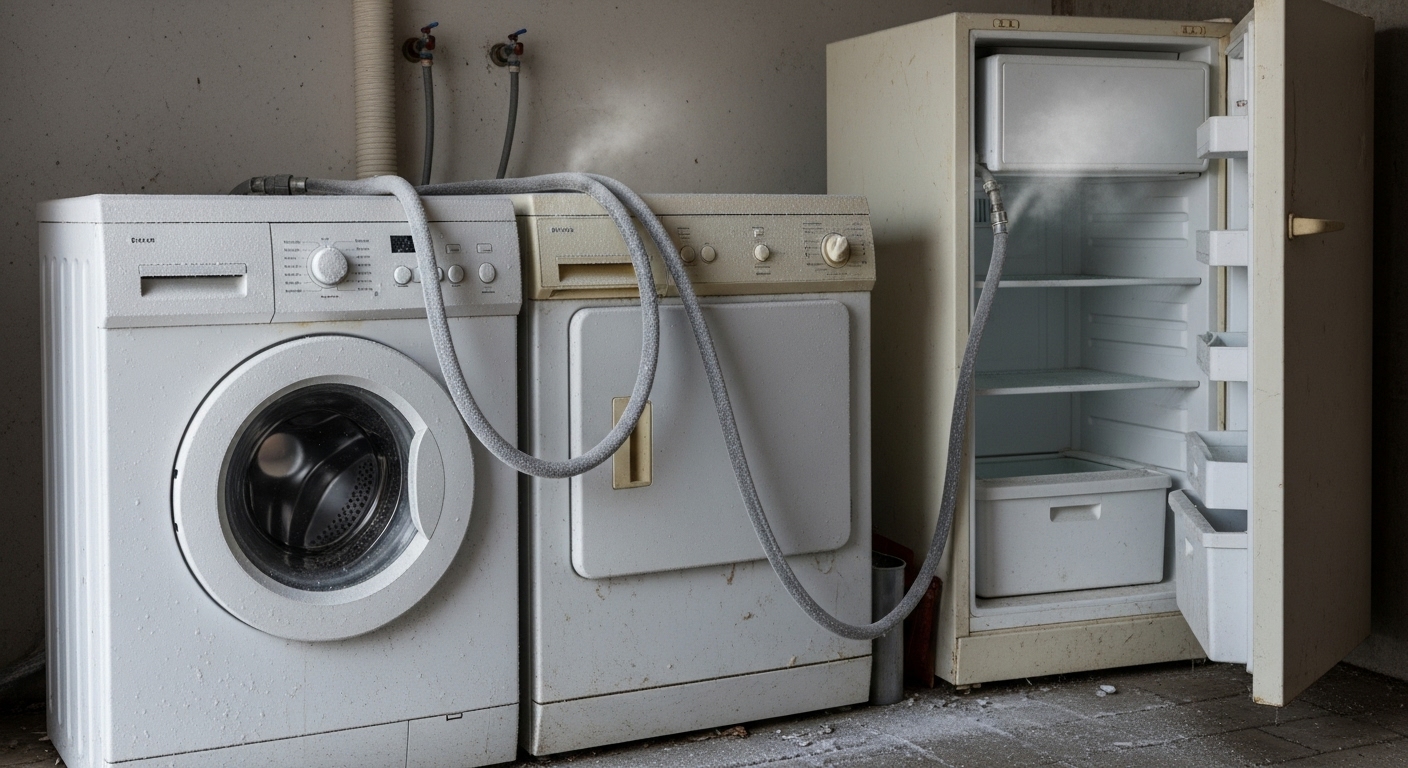 Washing machine and refrigerator in a cold, unheated garage, vulnerable to winter damage.