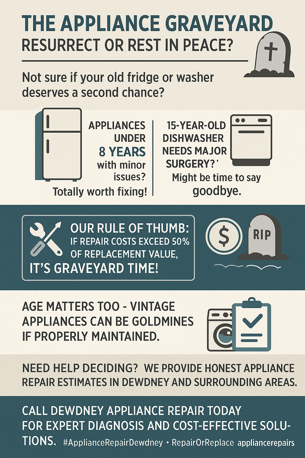 Infographic guide on when to repair vs replace home appliances.