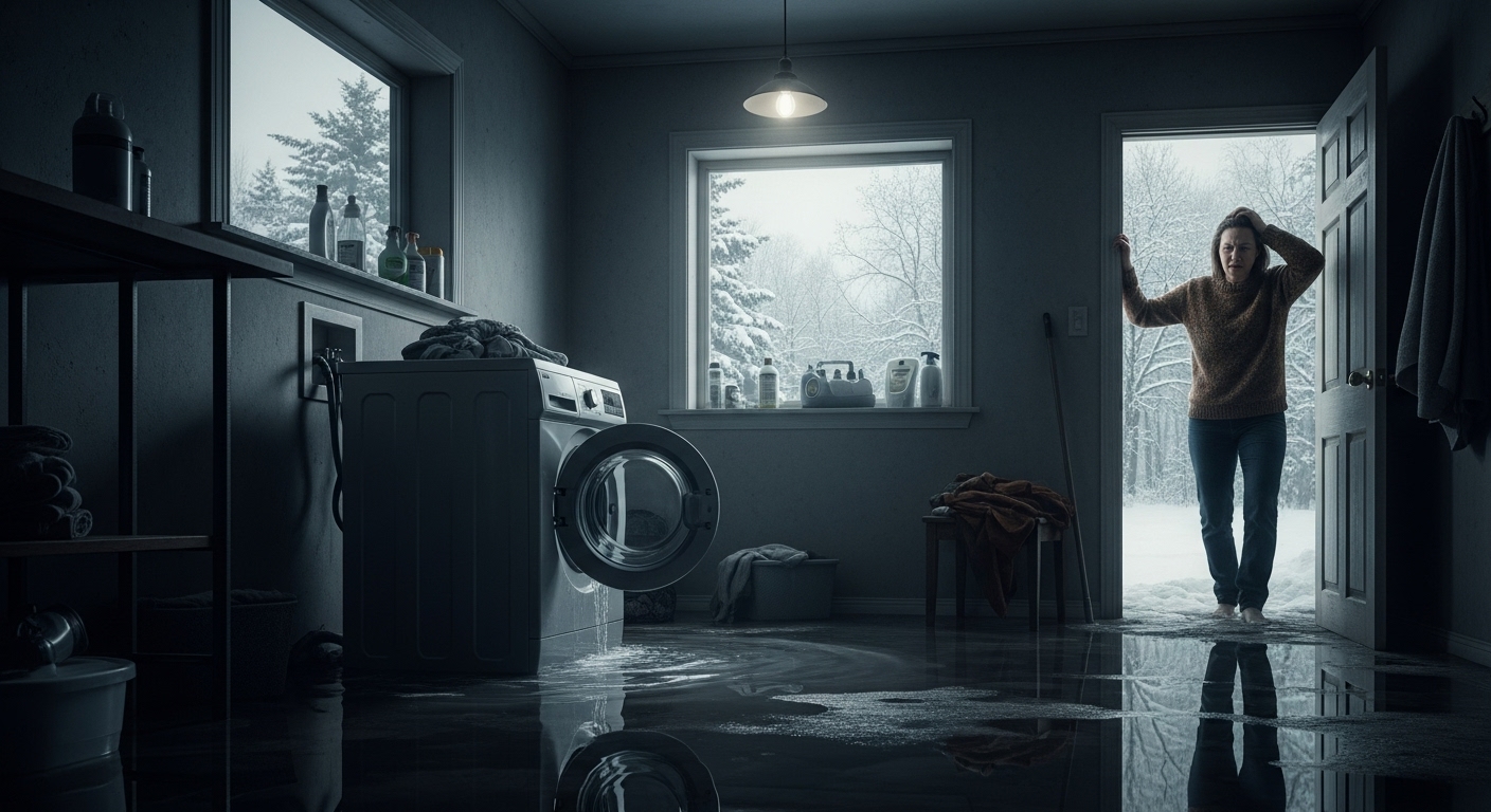 Flooded laundry room from a broken washing machine in winter.