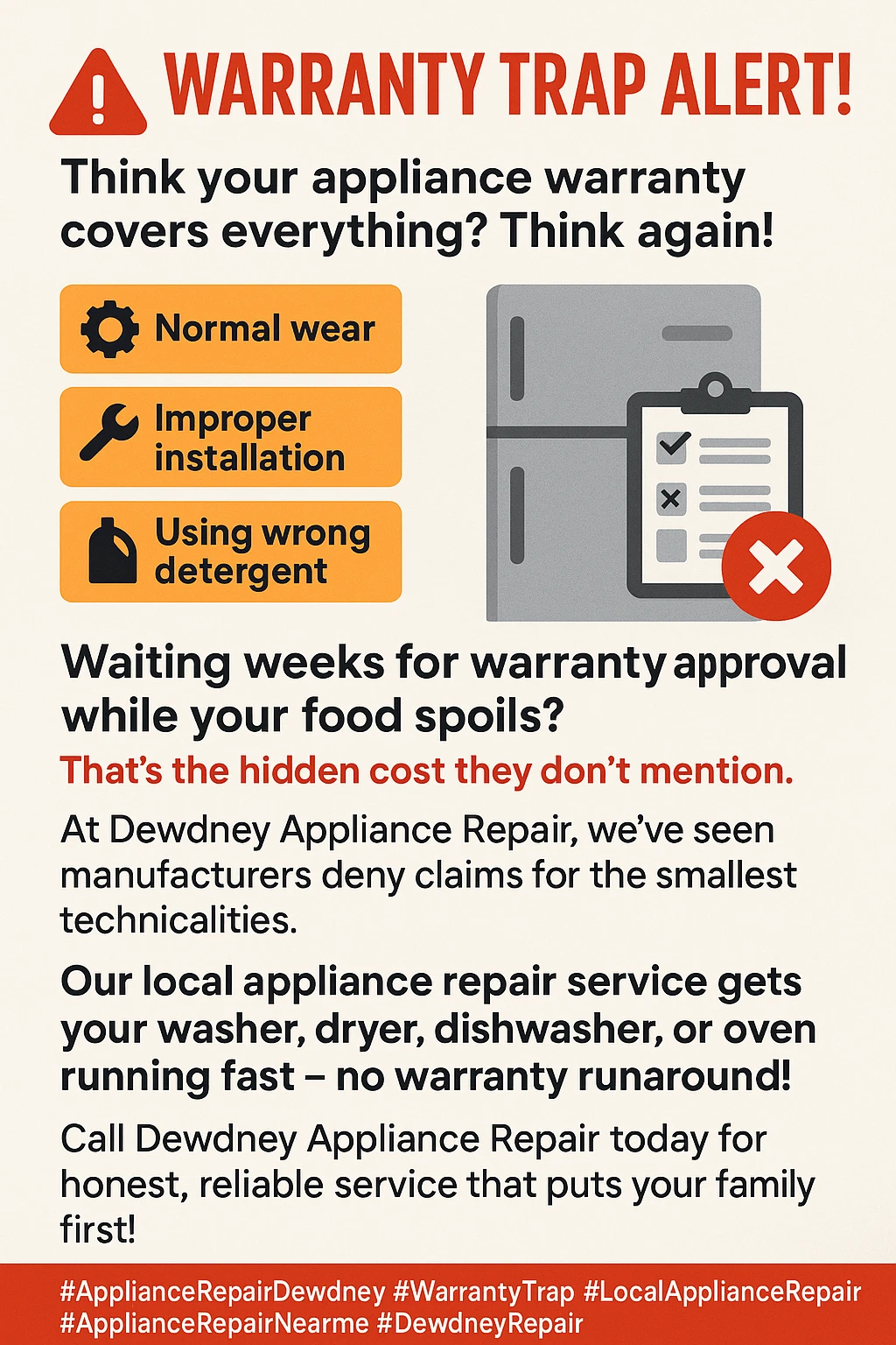 Appliance warranty coverage key takeaways infographic.