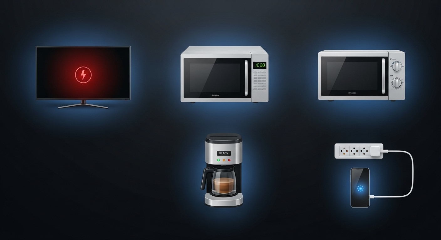 A collage of common household energy vampire appliances including a TV, microwave, and phone chargers.