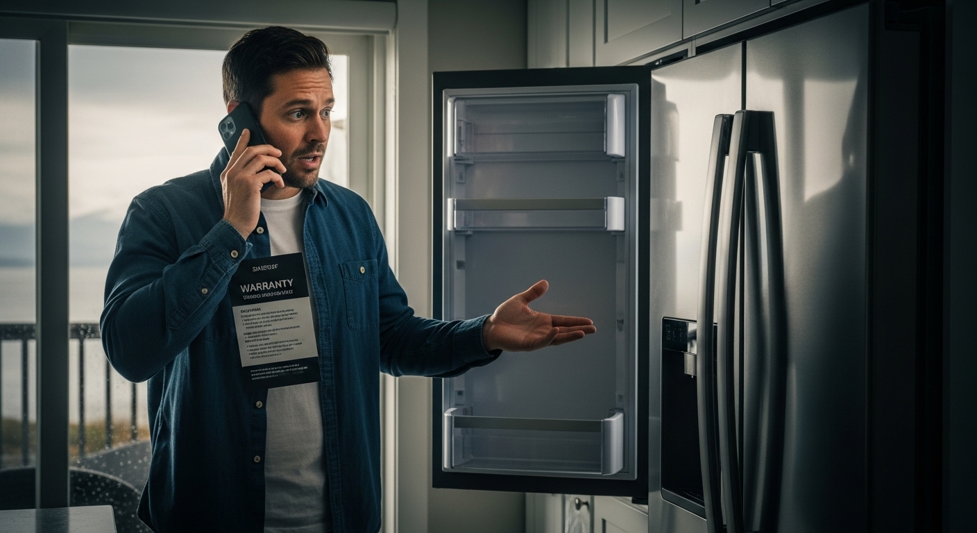 Frustrated homeowner on phone with broken appliance and warranty papers.