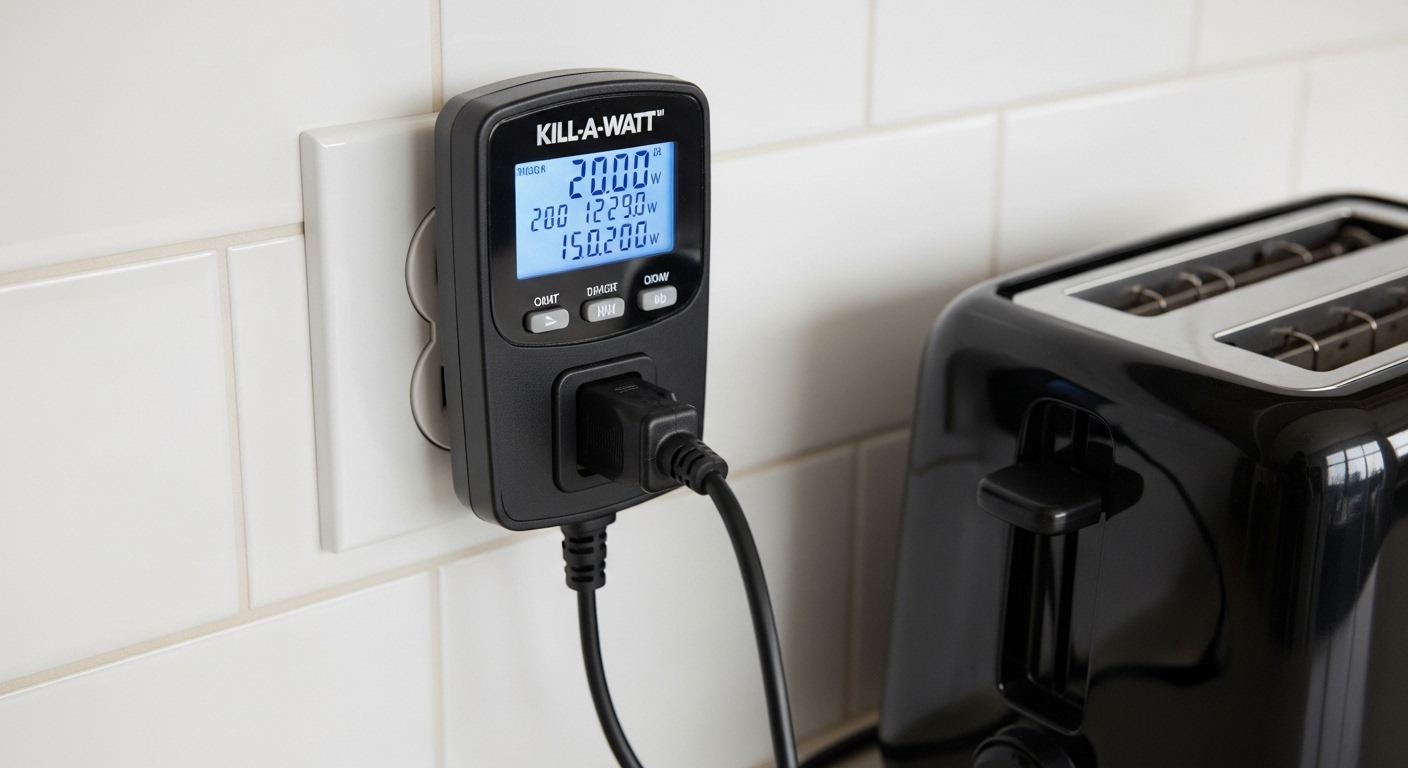 A Kill A Watt meter plugged into an outlet and measuring an appliance's energy consumption.
