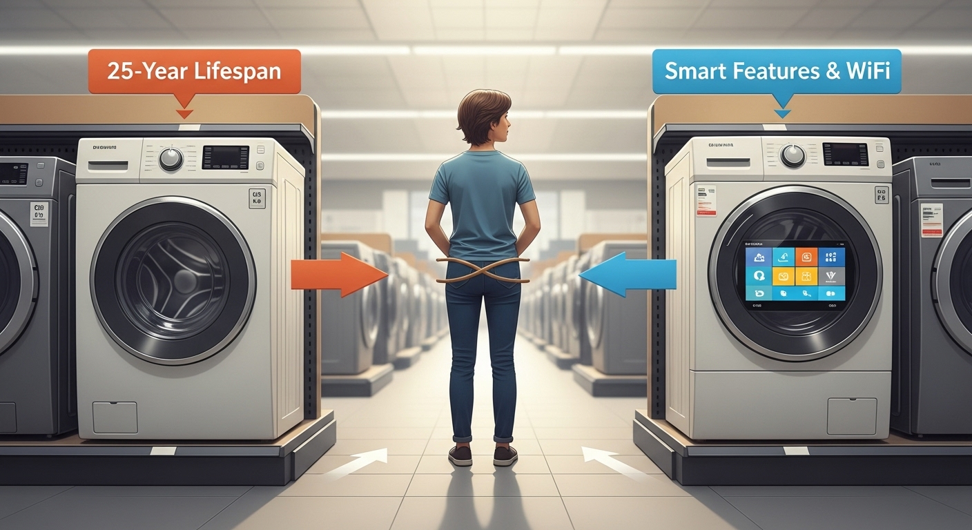 A graphic illustrating the choice between appliance durability and modern features.