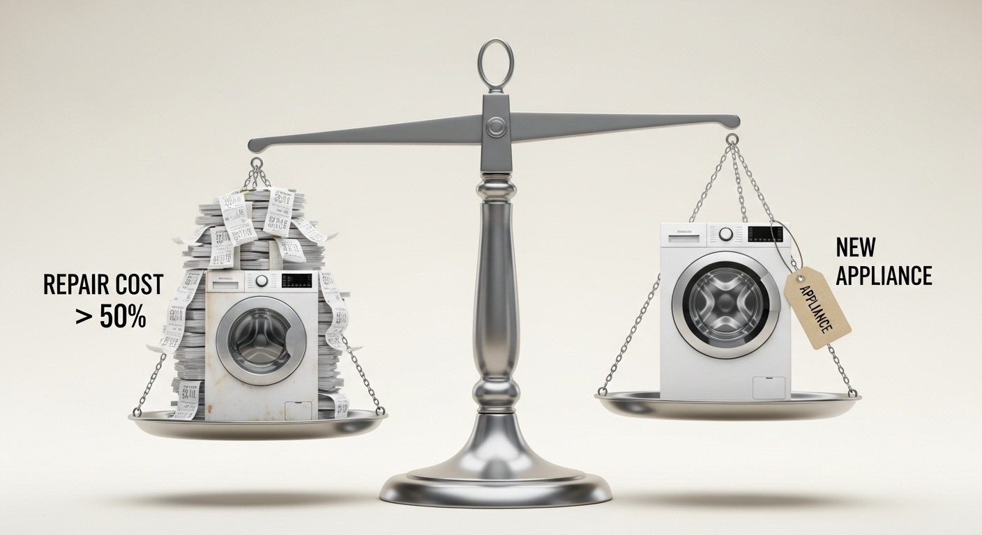 Chart explaining the 50 percent rule for appliance repair vs. replacement.