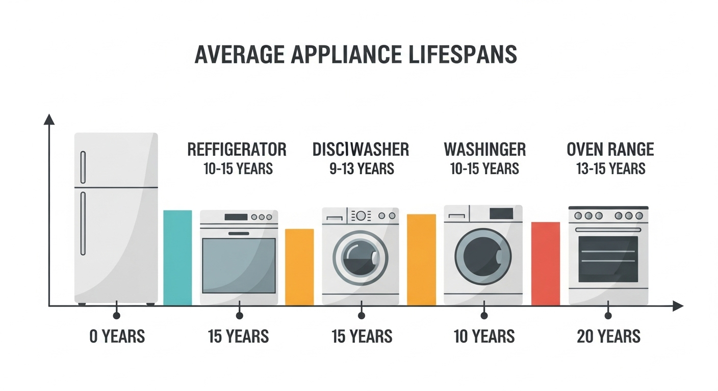 Chart showing the average lifespan of common household appliances like refrigerators, dishwashers, and washing machines.
