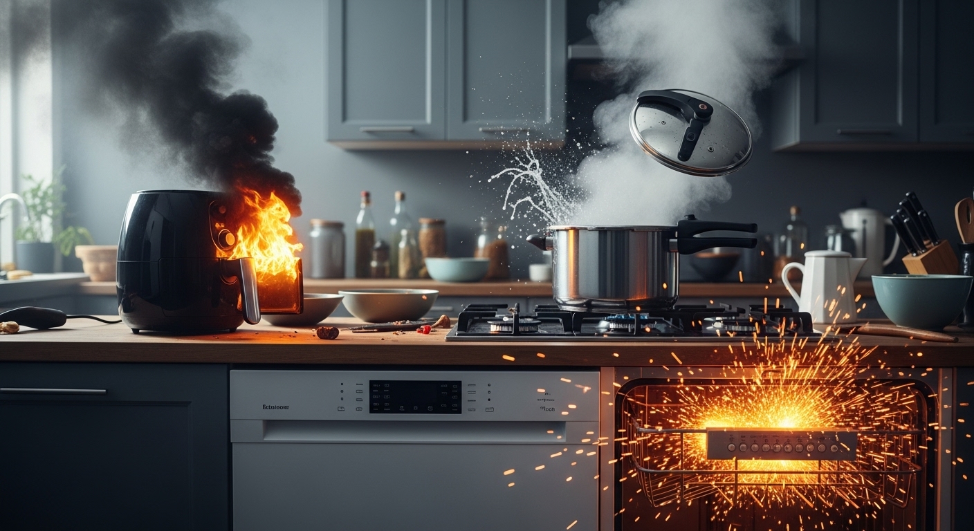 Chaotic kitchen with multiple appliances on fire