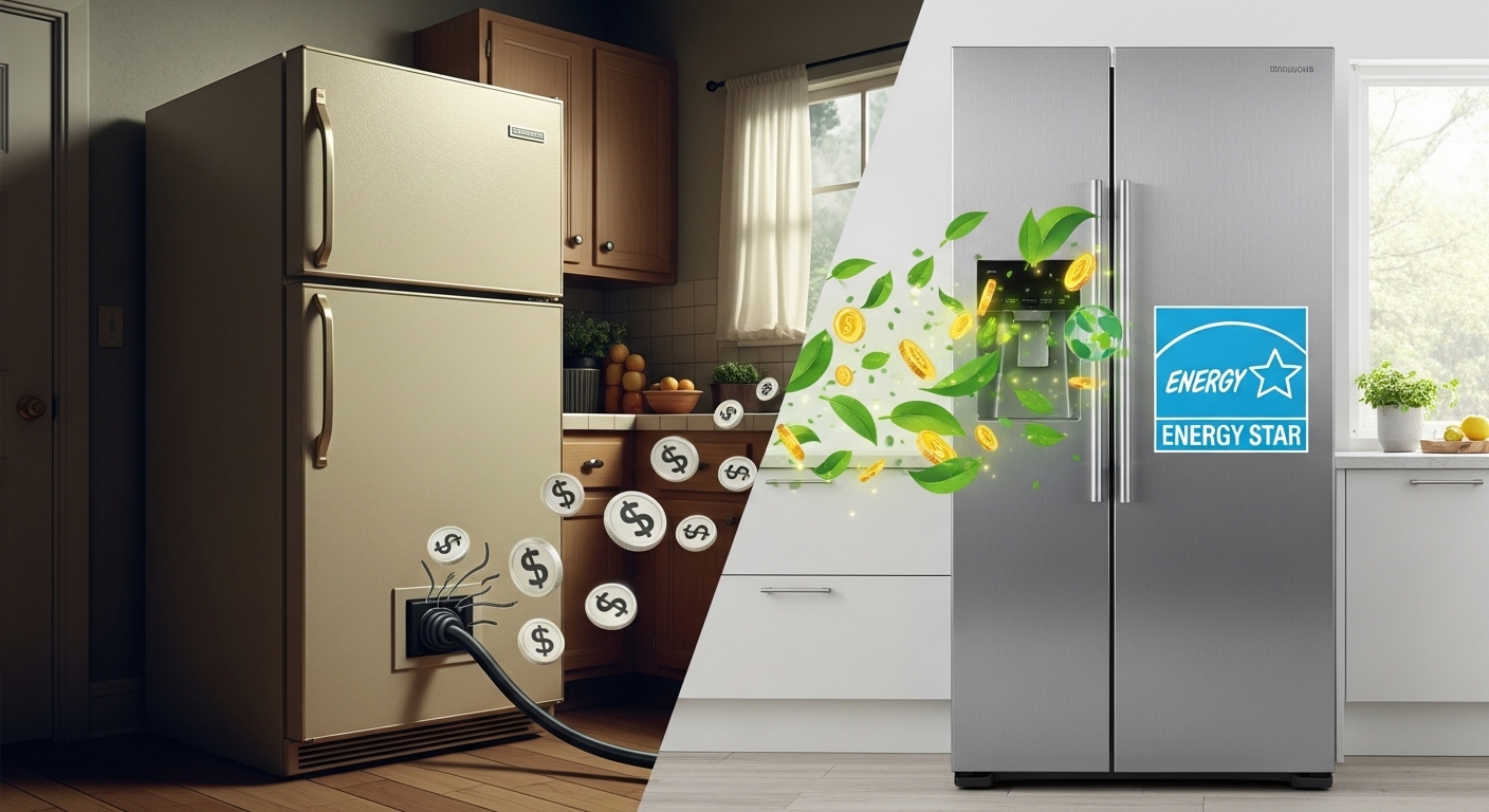 Comparison chart showing energy savings of new energy-efficient appliances versus older models.