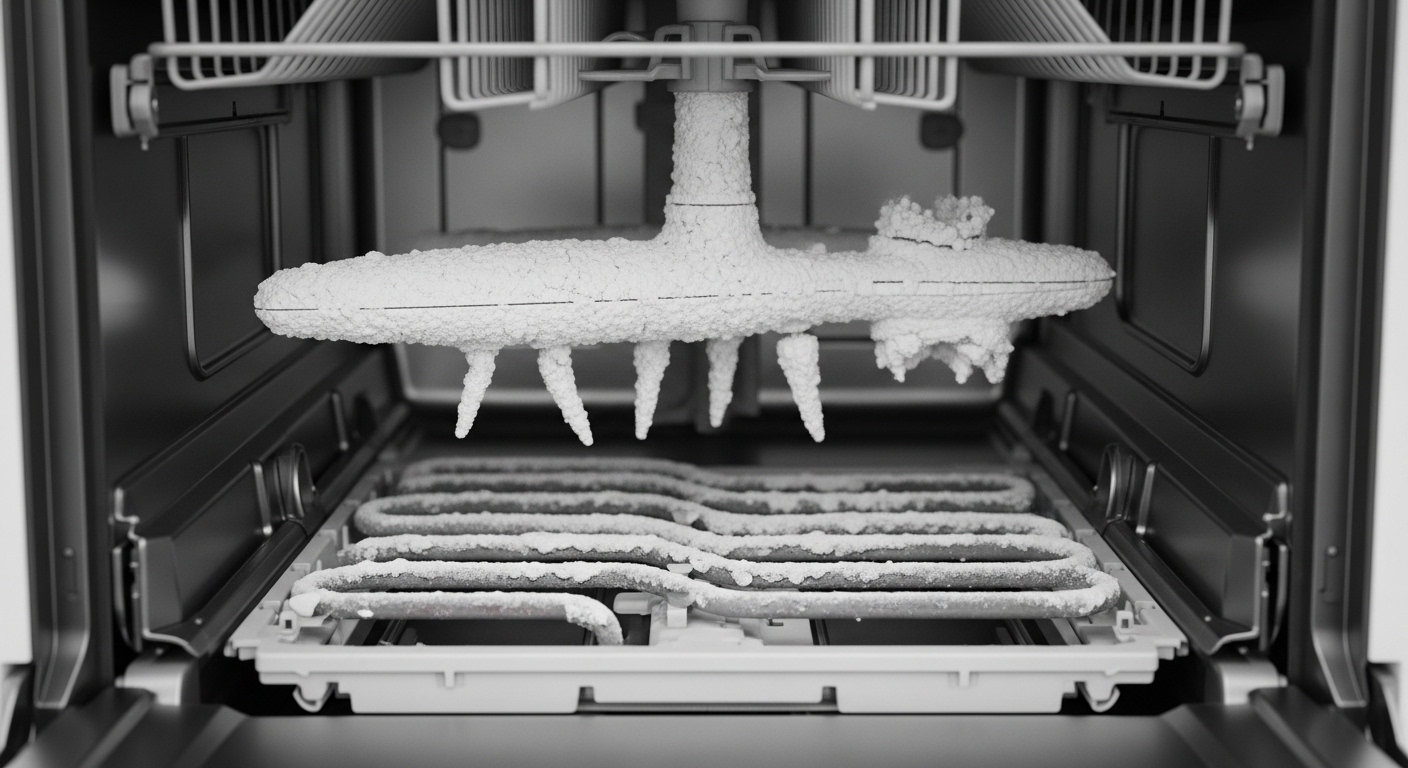 Close-up view of hard water mineral buildup and damage inside a dishwasher.