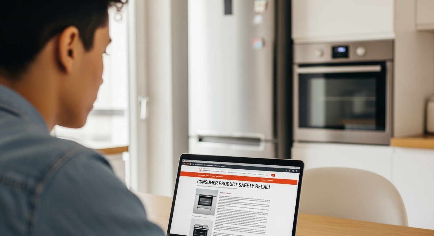 Homeowner checking for appliance recalls on a laptop