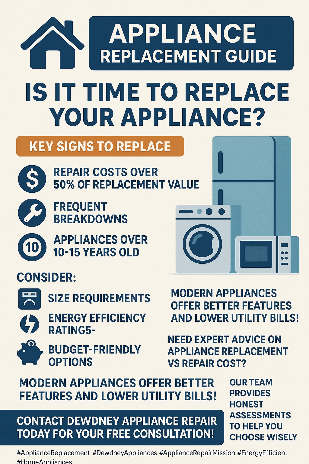 Infographic summarizing key takeaways for when to replace appliances instead of repairing them.
