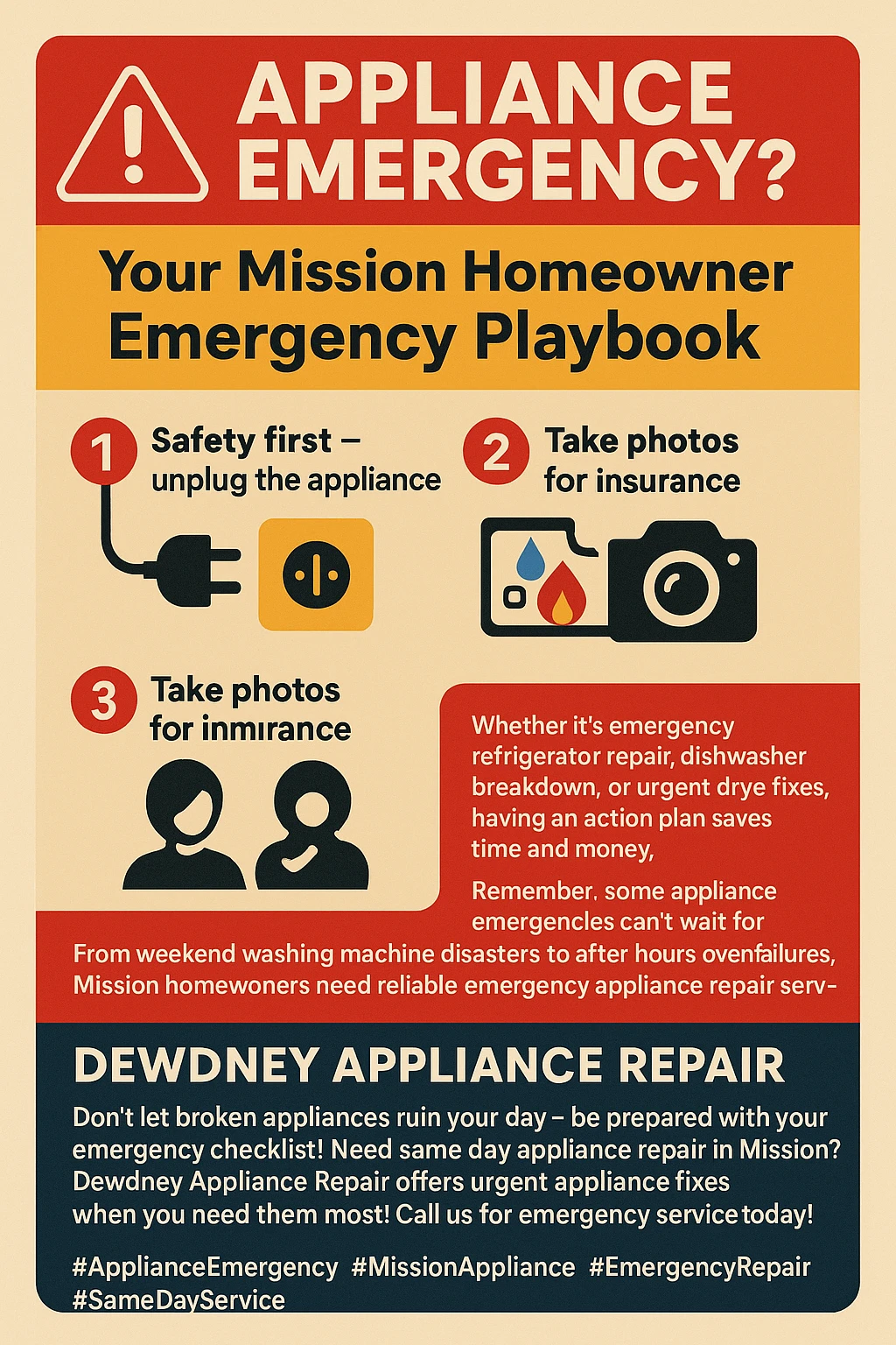 Appliance emergency repair mission infographic key takeaways