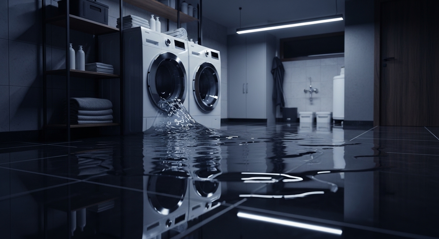 Flooded basement caused by appliance failure in laundry room