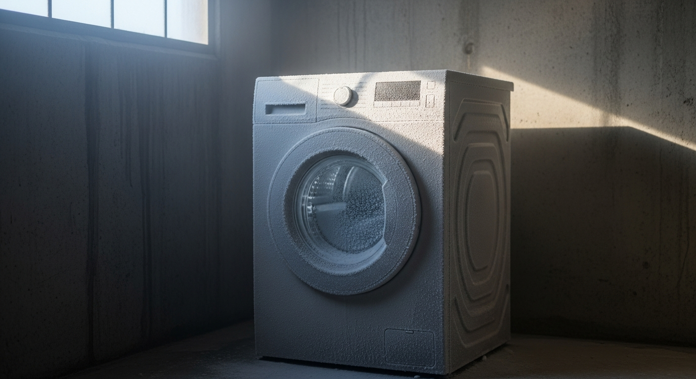 A frozen washing machine in a cold winter garage environment