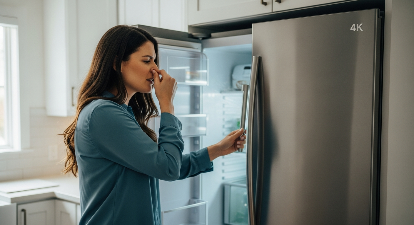 Homeowner reacting to smelly refrigerator