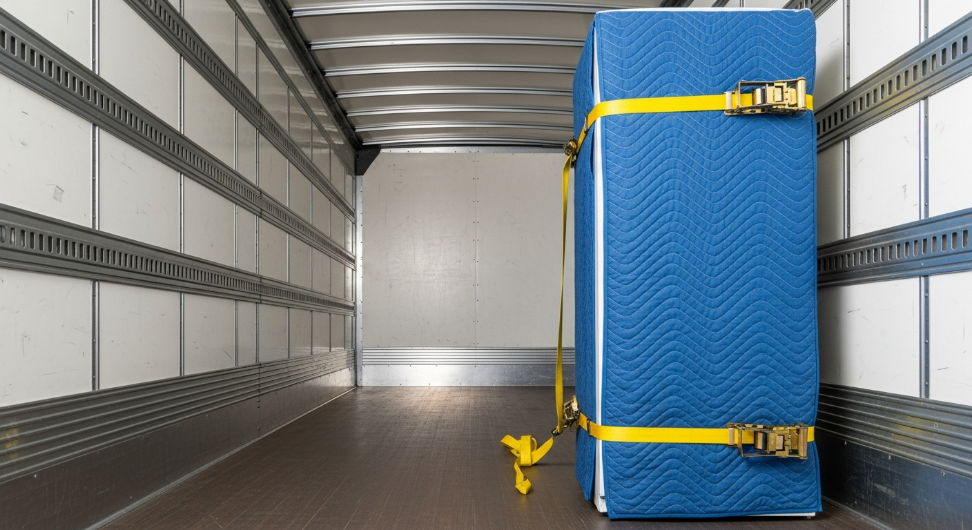 Secured refrigerator in moving truck