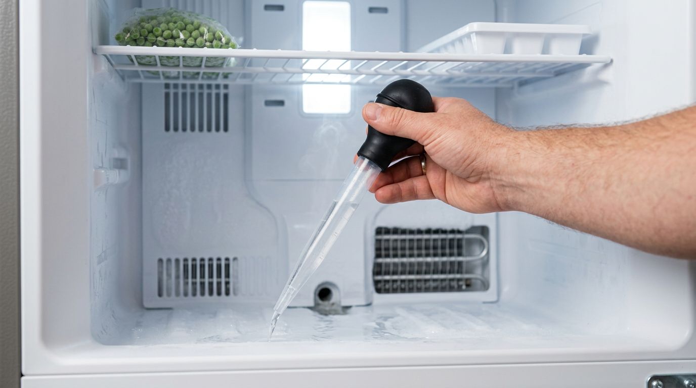 Clearing clogged refrigerator defrost drain with turkey baster