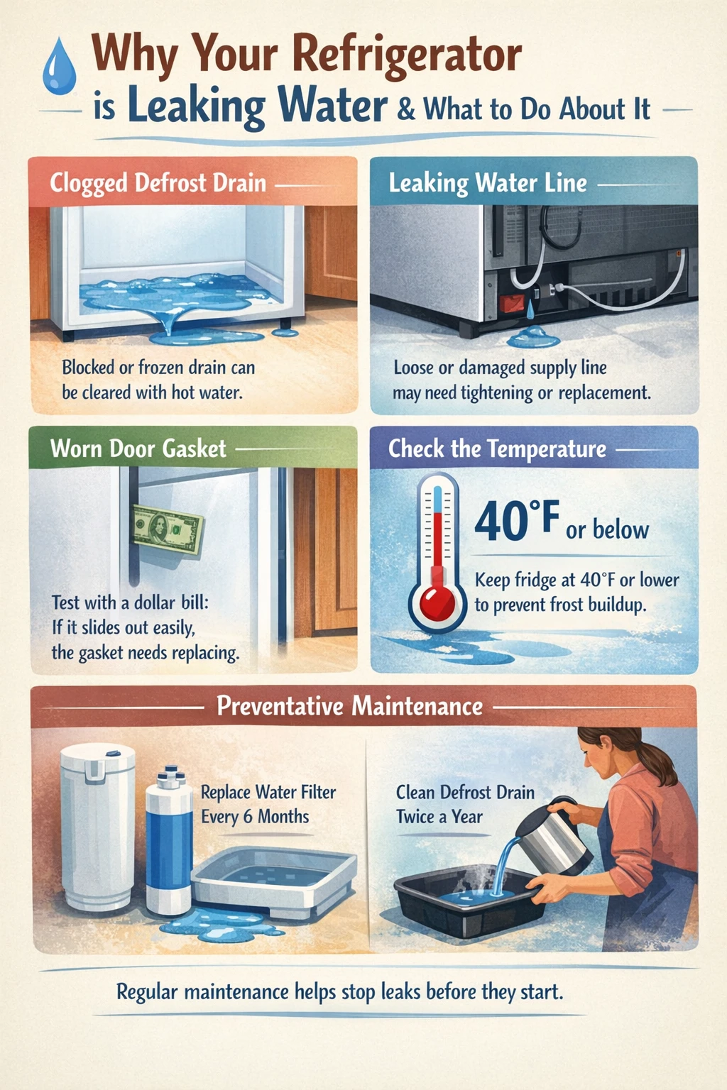 Refrigerator leaking water causes and solutions infographic