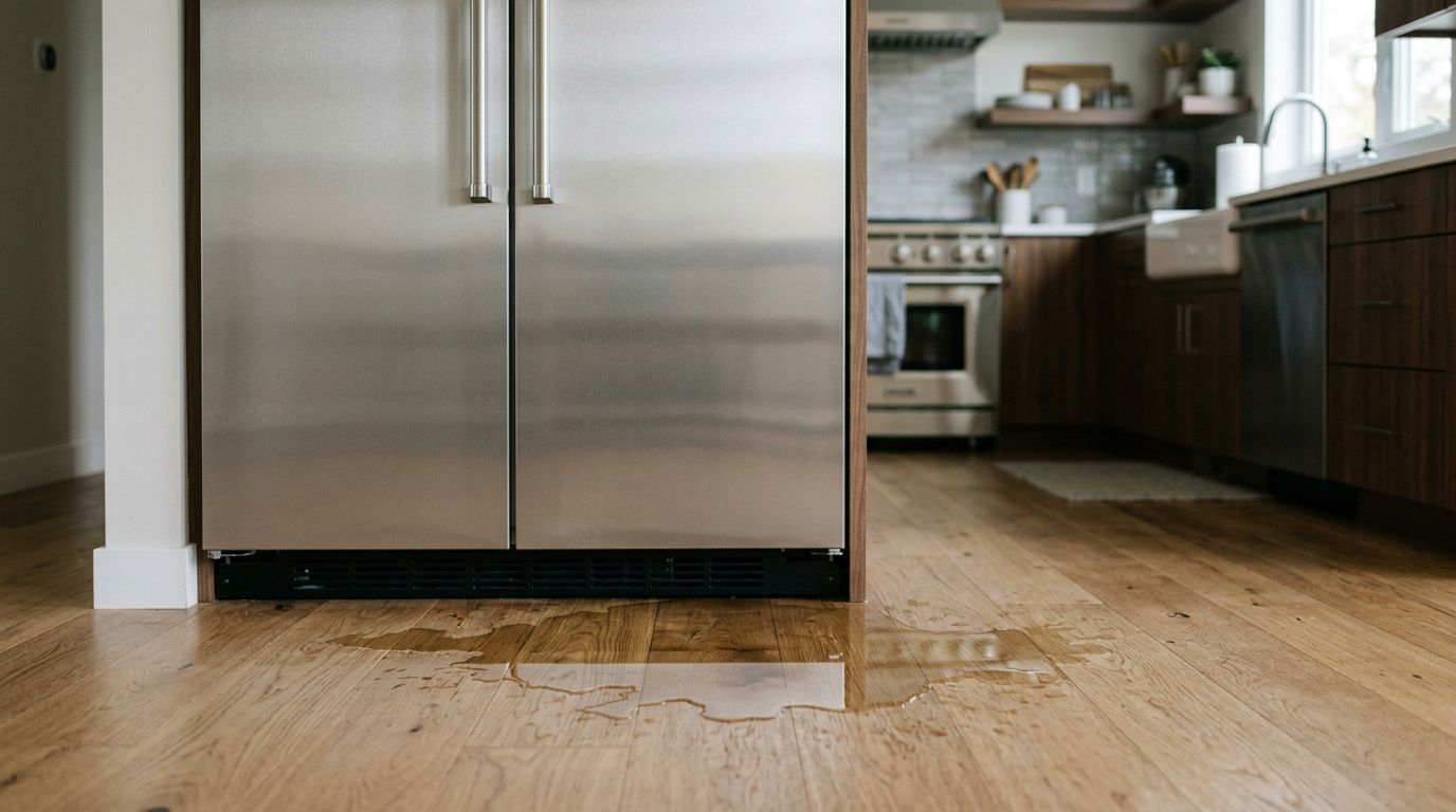 Refrigerator leaking water in kitchen puddle