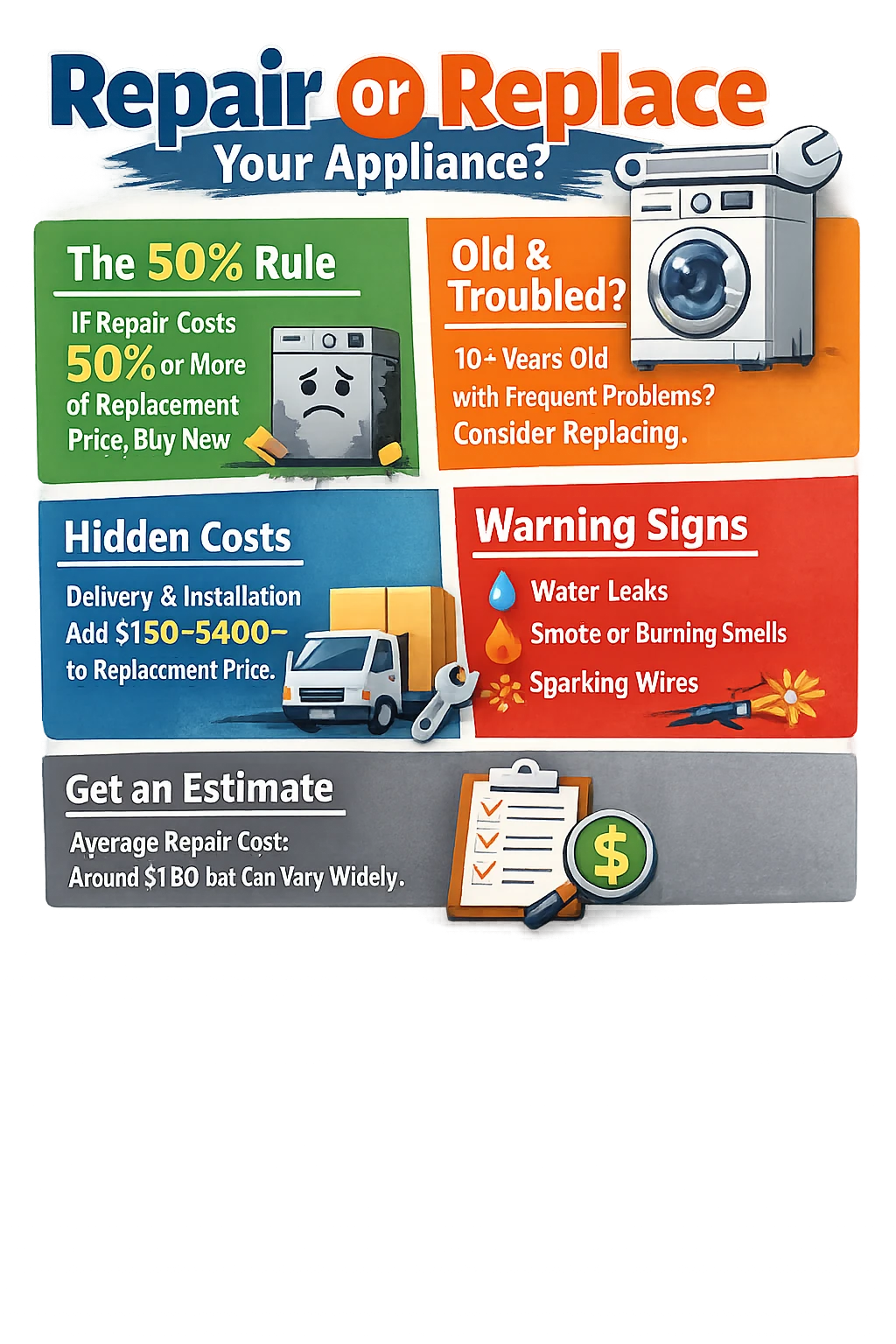 Repair vs replace appliance key takeaways infographic