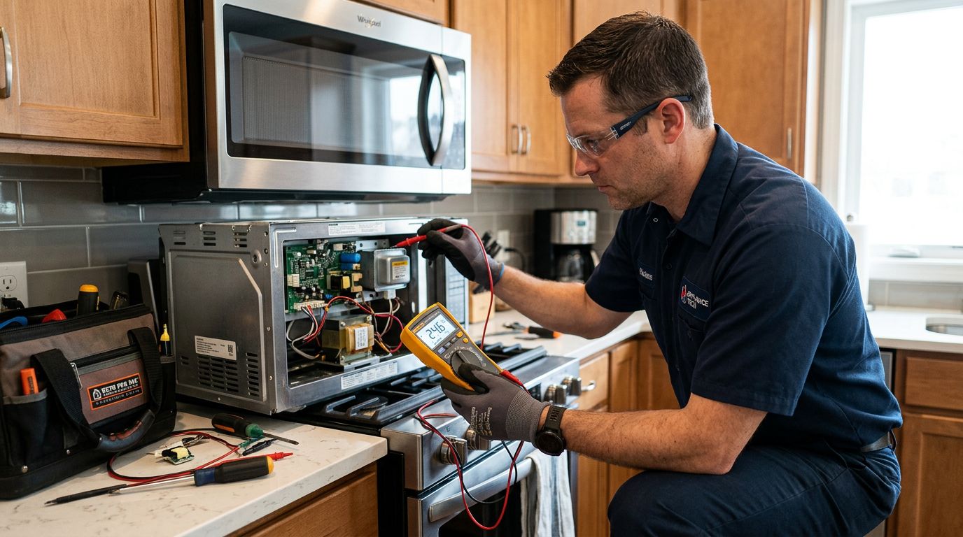 Appliance technician testing microwave with multimeter
