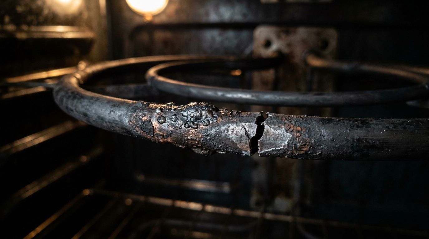 A damaged electric oven heating element with visible burn marks and cracks