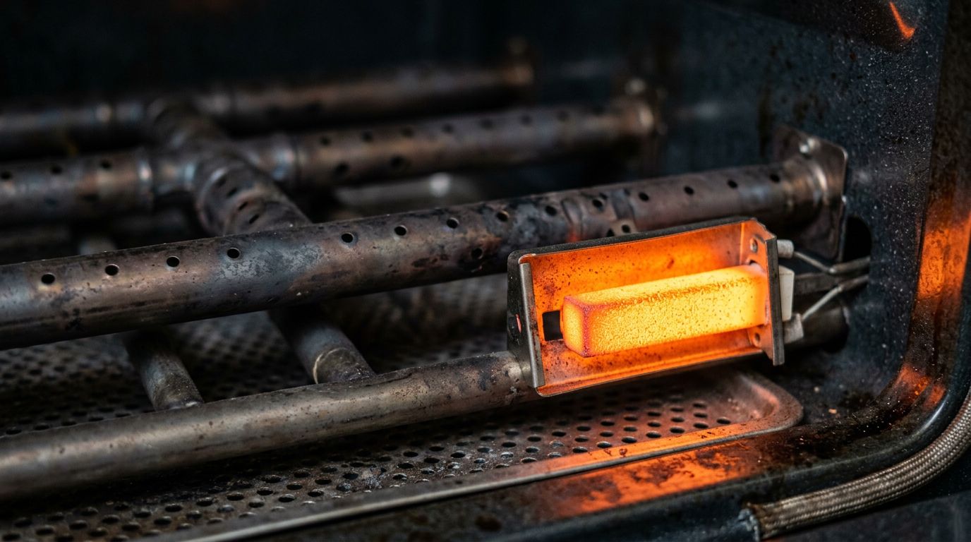 A glowing gas oven igniter during a troubleshooting inspection