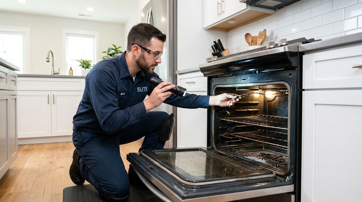 Professional oven repair technician troubleshooting a kitchen appliance in Mission BC